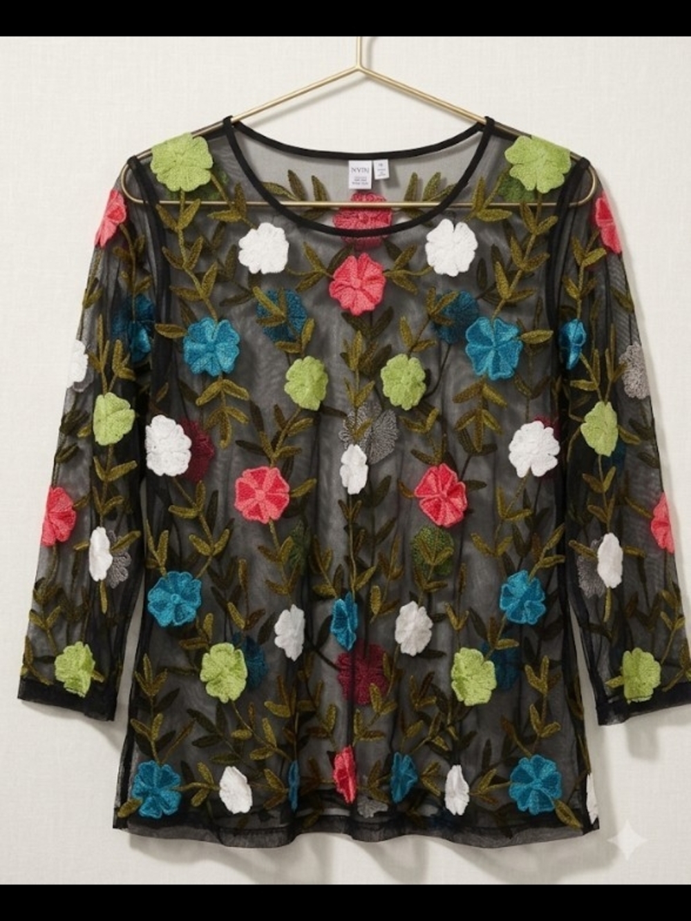 Parsley & Sage Black Sheer Mesh Top with Multicolor Floral Embroidery (Sz M)